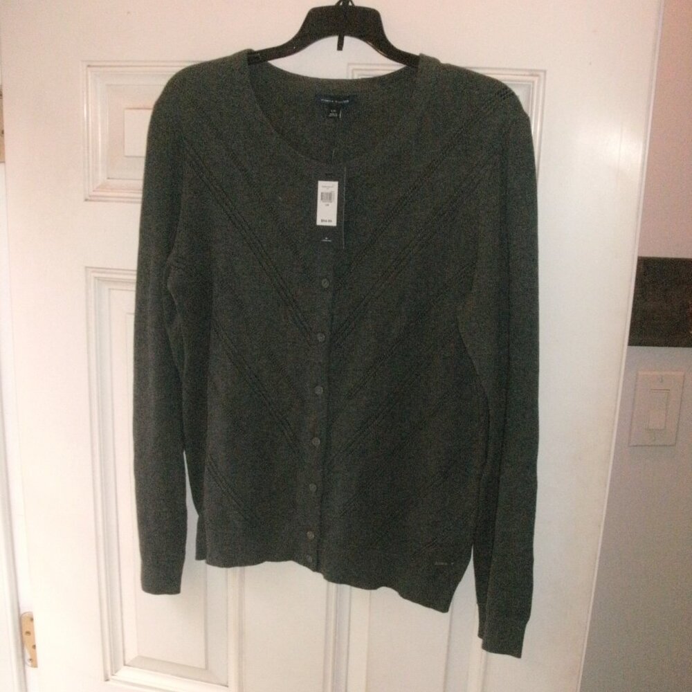 NWT Tommy Hilfiger Gray Pointelle Soft Cotton Button Front Cardigan Soft size L